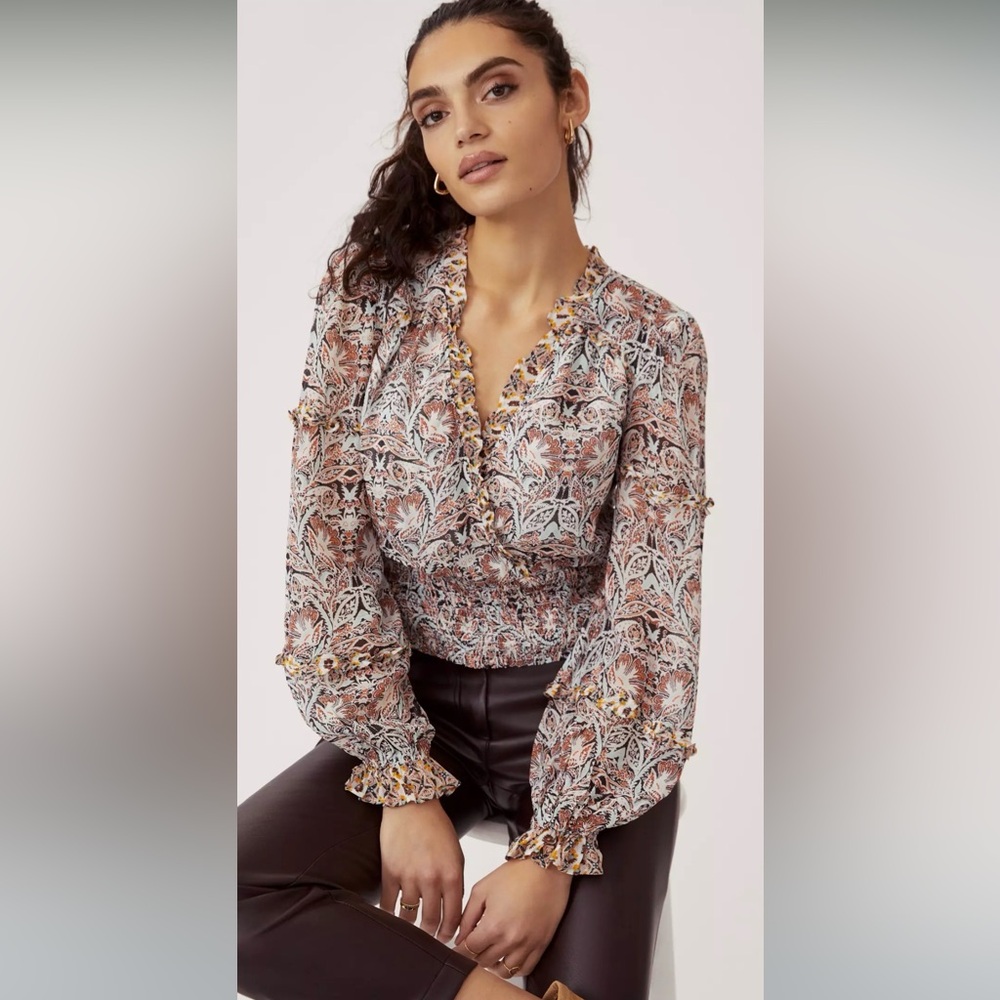 Anthropologie Floral Ruffle V Neck Blouse